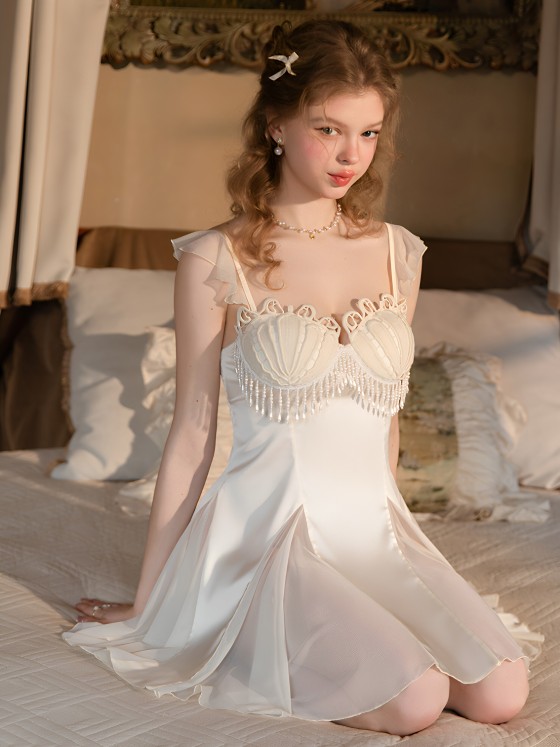 French fringe high-end sexy suspender nightgown women padded cups summer ice silk thin sleepwear loungewear