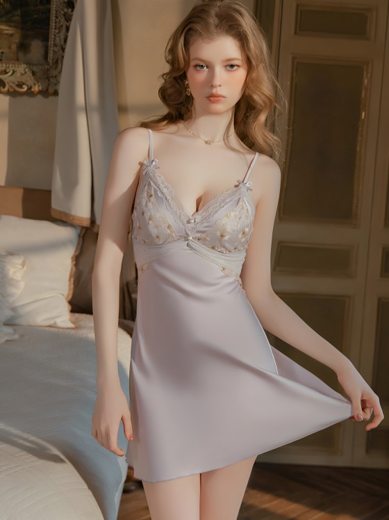 French Sexy Ice Silk Cami Sleep Dress for Women – Summer Pajamas with Built-in Bra, Slimming High-End Pure Desire Loungewear