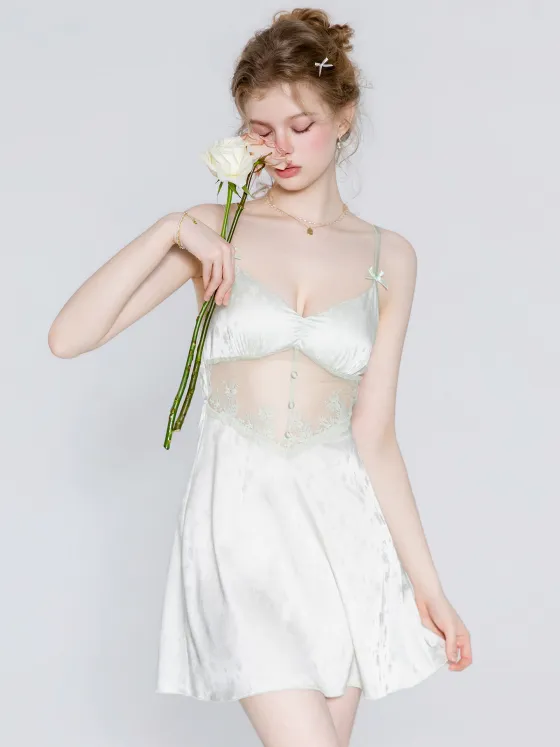 French Satin High-End Sexy Camisole Sleep Dress with Built-in Bra Lace Forbidden Style Pajamas Loungewear