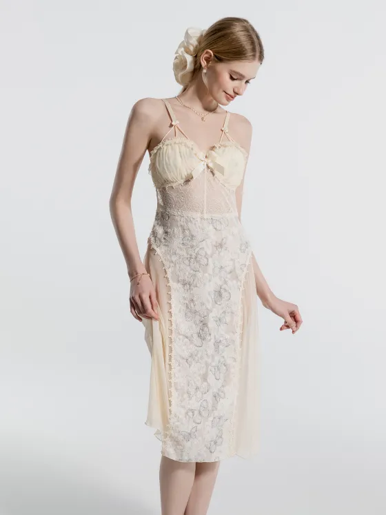 Sweet butterfly print sexy nightdress for women with lace and mesh