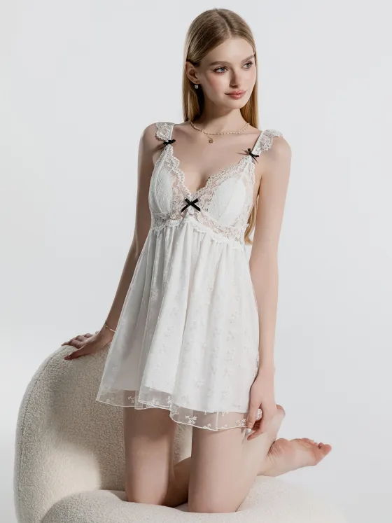 White nightie sweet french embroidered mesh sexy slip nightgown