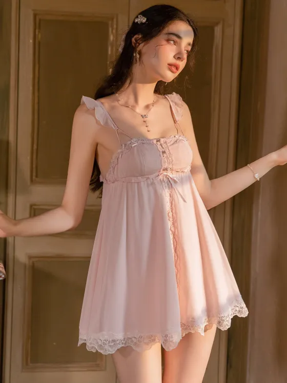 Ice-Silk Nightie with Lace & Cute Sleeves