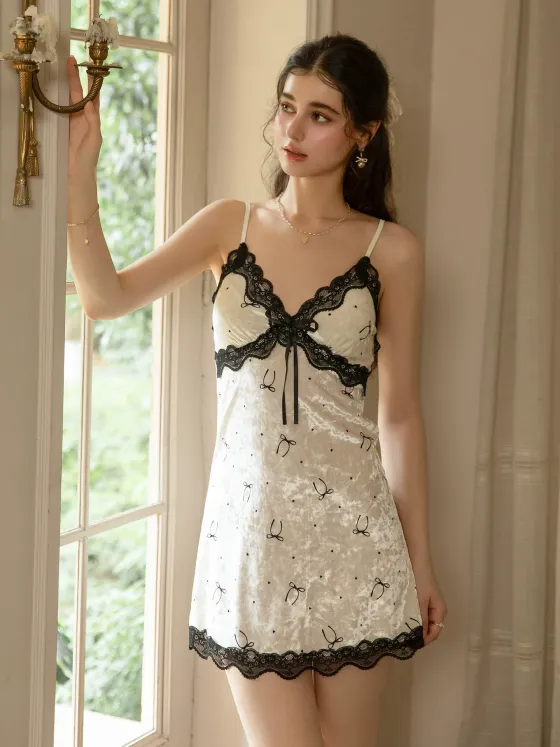 White Bow Print Velvet Lace Camisole Nightie