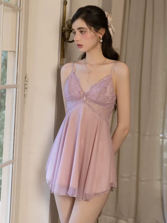 Purple Lace Mesh Babydoll Nightdress