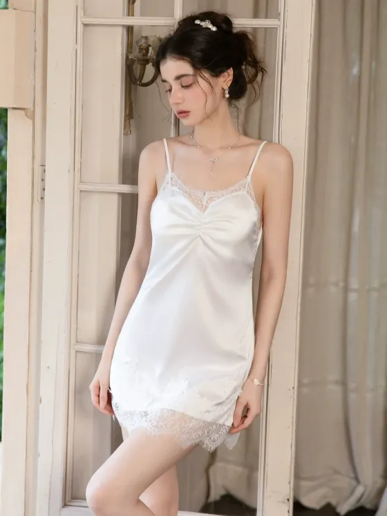 French Deep V Lace Cami Nightdress with Pads Backless Loungewear Set