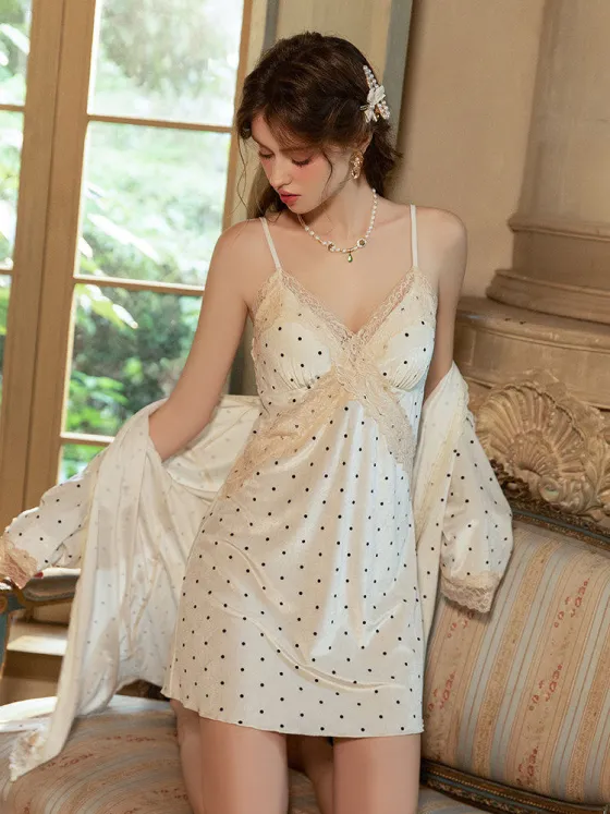 Sexy sleepwear spring summer ice silk high-end small chest pure cute polka dot lace suspender nightgown set