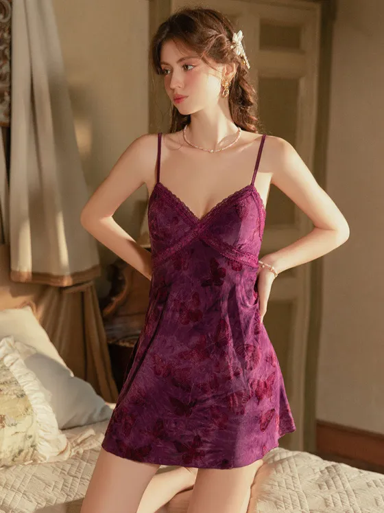 Purple queen style sexy pure cute sleepwear winter padded cups high-end velvet suspender nightgown loungewear