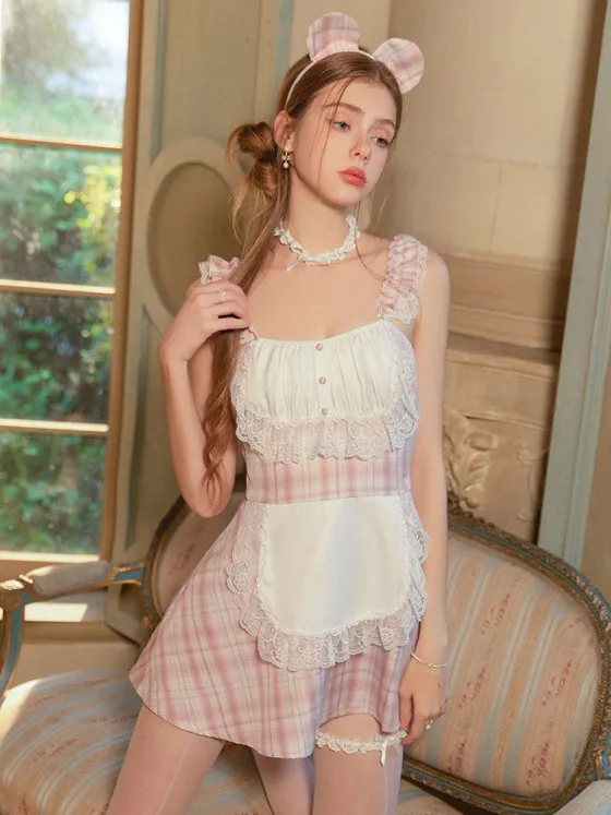 Cosplay sweet pink maid set room wear small chest plus size sexy dress women pure cute
