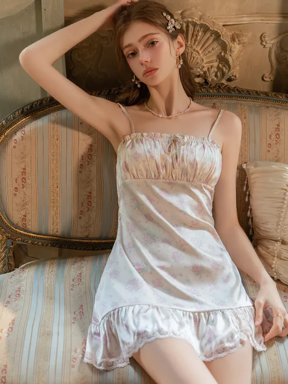 Sweet printed sexy pure cute sleepwear summer ice silk high-end padded cups suspender nightgown loungewear