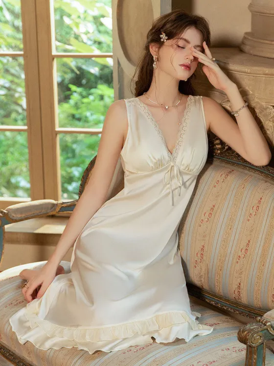 Silky satin sexy pure cute sleepwear royal style high-end padded cups mid-long deep V suspender nightgown