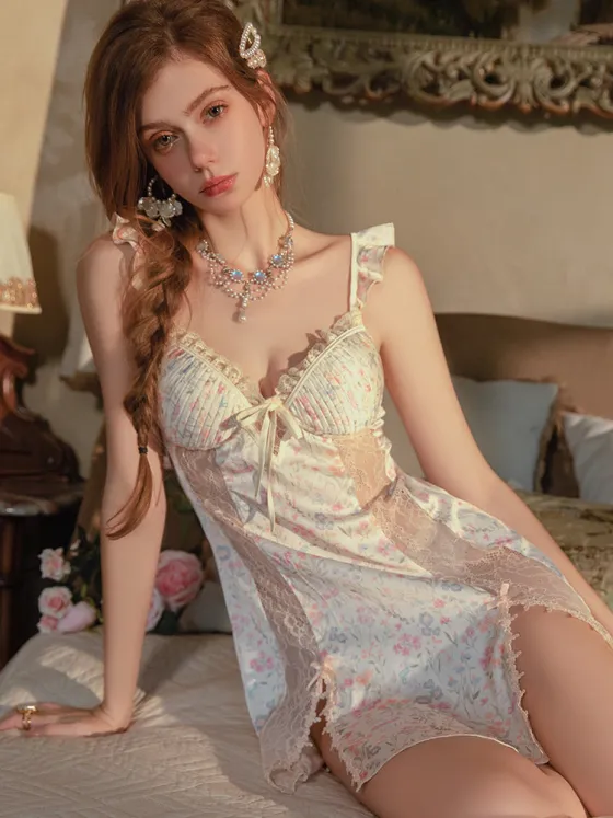 Sweet floral sexy sleepwear women summer padded cups high-end small chest pure cute silky satin suspender nightgown