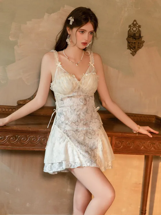 Sexy lace mesh V-neck nightgown women pure cute padded cups slimming high-end velvet sleepwear loungewear