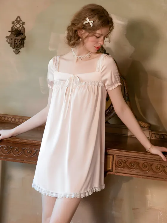 French sweet sexy pure cute sleepwear women summer silky satin high-end square neck comfortable nightgown loungewear