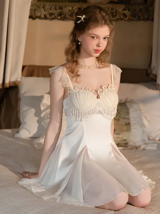 French fringe high-end sexy suspender nightgown women padded cups summer ice silk thin sleepwear loungewear