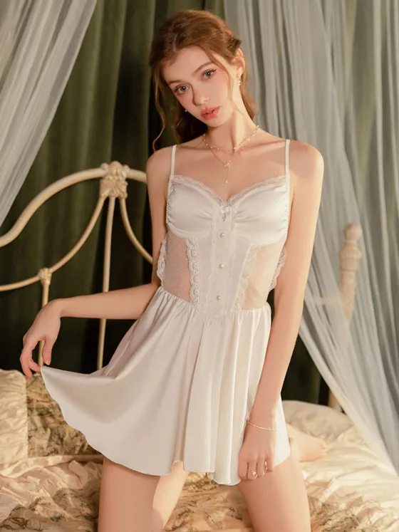 French sweet lace padded cups sexy ice silk suspender nightgown women summer small chest unique beautiful sleepwear high-end