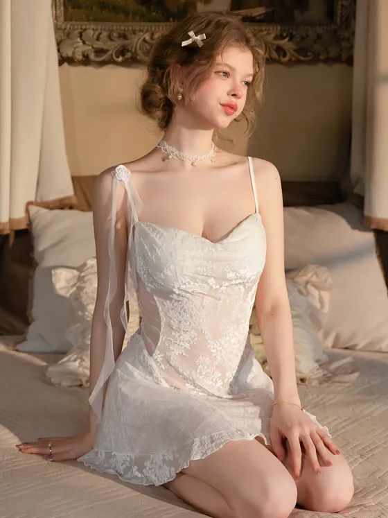 Sexy lace suspender nightgown women summer padded cups high-end velvet mesh small chest pure cute sleepwear loungewear