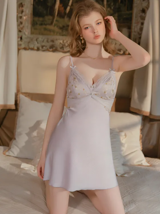 French sweet lace embroidery sexy sleepwear women summer ice silk high-end padded cups pure cute suspender nightgown