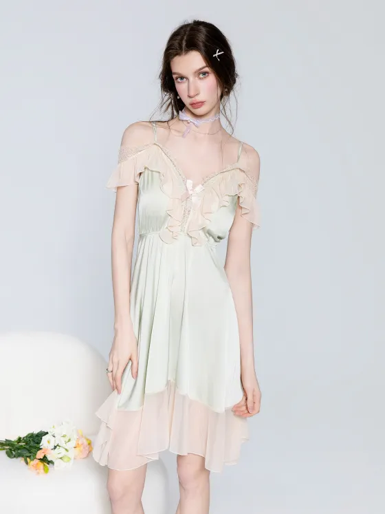 Sweet princess style sexy sleepwear women summer silky satin padded cups high-end mid-long suspender nightgown