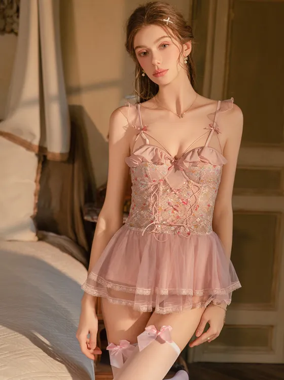 Sweet cute pink sexy lace suspender nightgown women padded cups small chest push-up pure cute sleepwear high-end