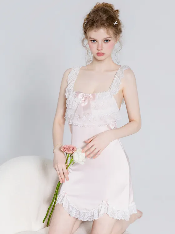 Women's Ice Silk Camisole Sleepwear with Lace, Sexy French Style Nightgown for Summer