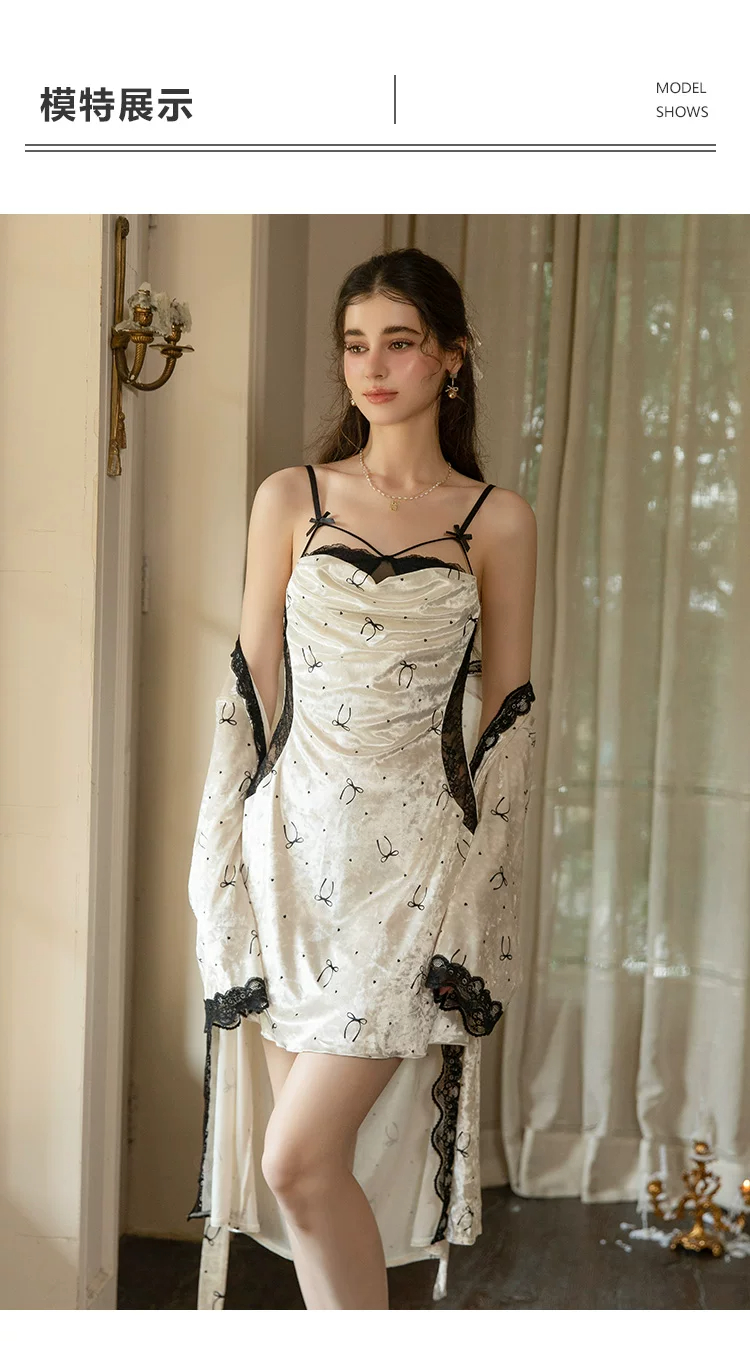 Ivory velvet chemise with robe
